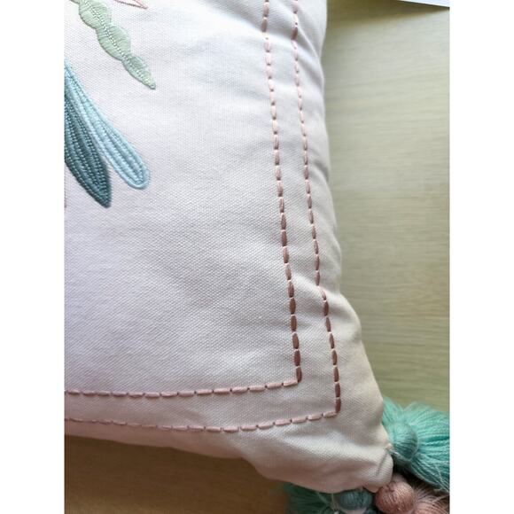 THROW PILLOW-COASTAL HOME-Embroidery-Birds-Folk Design-Tassles-Large-17" x 17" - Picture 6 of 14